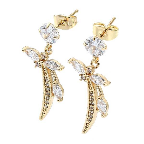 Flower Brass Micro Pave Cubic Zirconia Dangle Stud Earrings
