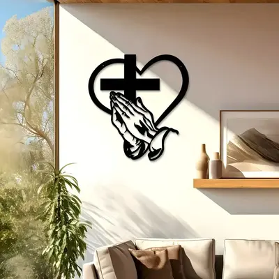 Elegant Metal Christian Heart & Cross Wall Art, Praying Hands Design, Indoor Outdoor Iron Sculpture, Perfect for Living Room ...