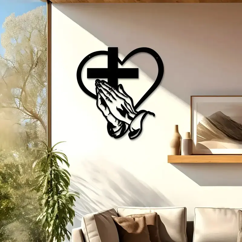 Elegant Metal Christian Heart & Cross Wall Art, Praying Hands Design, Indoor Outdoor Iron Sculpture, Perfect for Living Room ...