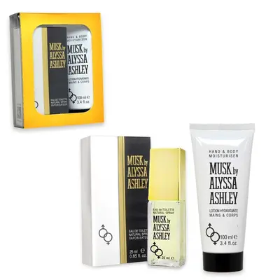 Alyssa Ashley Musk Scatola In Pvc + Custodia Dorata Edt 25 Ml + Lozione H & B 100 Ml