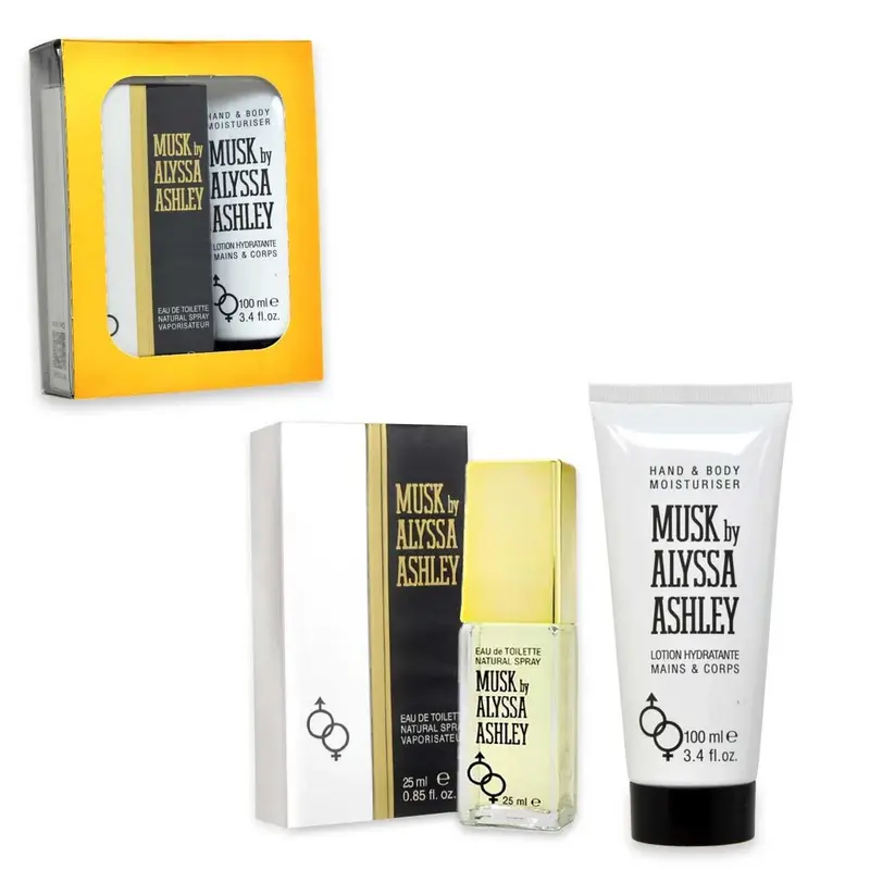 Alyssa Ashley Musk Scatola In Pvc + Custodia Dorata Edt 25 Ml + Lozione H & B 100 Ml