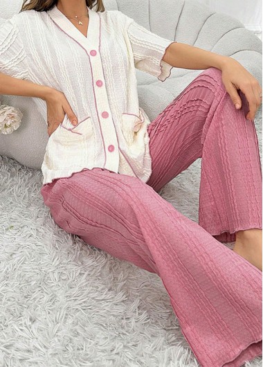 Modlily Pink Short Sleeve V Neck Lounge Top and Pants - XL