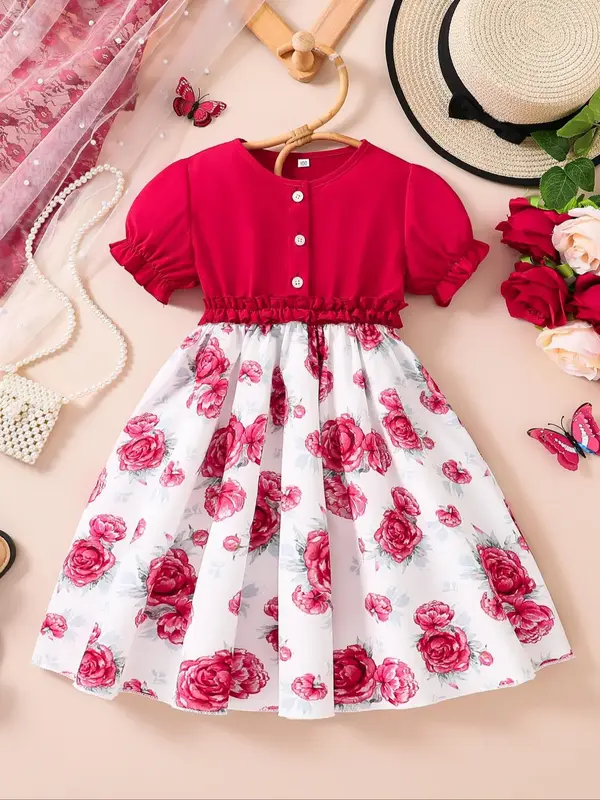 Girl's Floral Print Frill Trim Dress, Cute Casual Puff Sleeve A Line Dress for Summer, Kids Clothes for Daily Wear