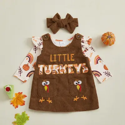 Baby Girl Thanksgiving Outfit Ruffle Long Sleeve Romper Turkey Overall Dress Headband 3 Piece Set