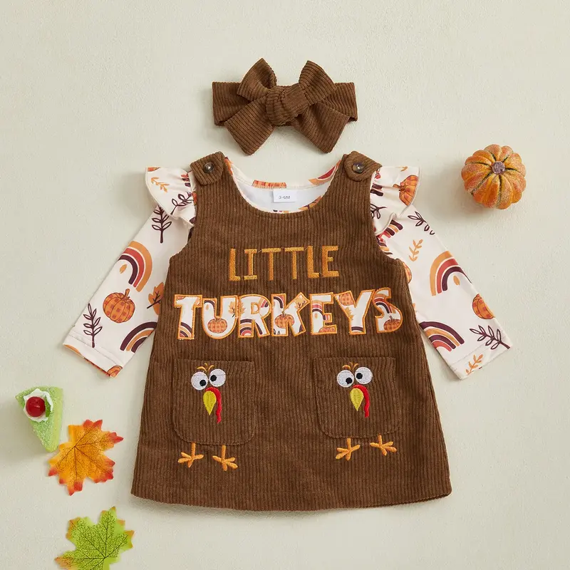 Baby Girl Thanksgiving Outfit Ruffle Long Sleeve Romper Turkey Overall Dress Headband 3 Piece Set