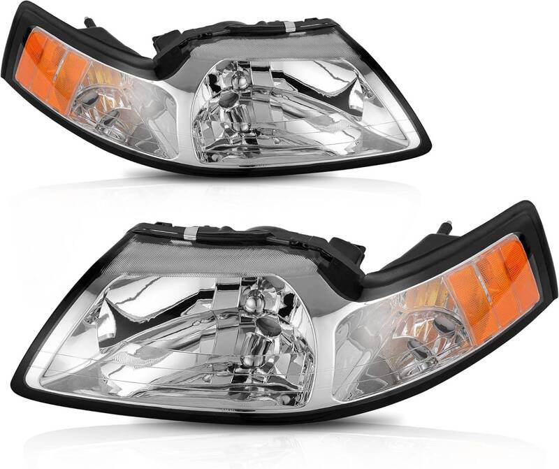 YITAMOTOR® Headlight Assembly Compatible with 1999-2004 Ford Mustang, Headlamp with Amber Reflector Chrome Housing - Driver ...