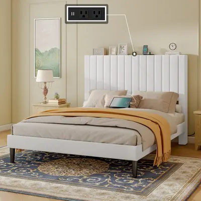 AMERLIFE Bed Frame Velvet Upholstered Tufted Headboard with Charging Station, Mattress Foundation, Box Spring Optional