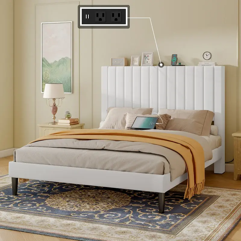 AMERLIFE Bed Frame Velvet Upholstered Tufted Headboard with Charging Station, Mattress Foundation, Box Spring Optional