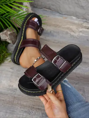 Women's Fashionable Solid PU Leather Sandals, Platform Slides, Casual Comfortable Slippers for Summer, Lightweight Breathabl...