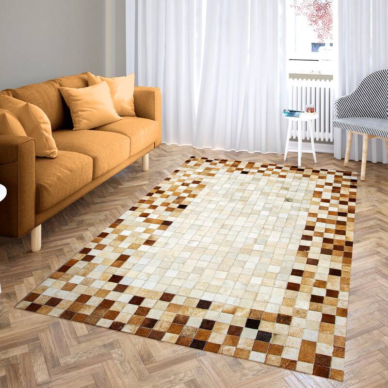 Light Brown Chekered Border & Beige Cowhide Patchwork Rug