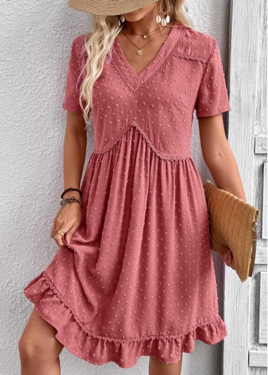 Modlily Coral A Line Short Sleeve V Neck Dress - M