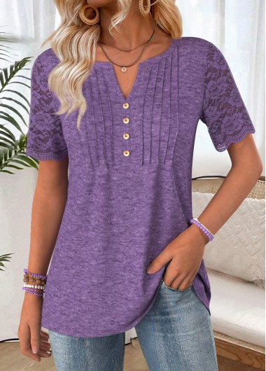 Modlily Purple Short Sleeve Split Neck T Shirt - XXL