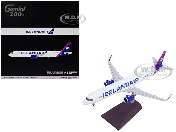 Airbus A321neo Commercial Aircraft Icelandair (TF-IAA) White with Blue and Pink Tail Gemini 200 Series 1/200 Diecast Mode...