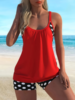 Polka dot print ruched fashion set cutout two piece swimsuit with stretch crew neck tank bikini top