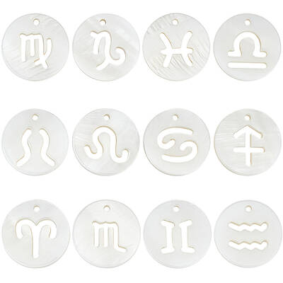24Pcs 12 Styles 12 Constellation Natural Freshwater Shell Hollower Flat Round Charms