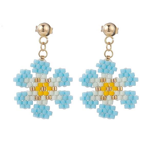 Glass Seed Braided Flower Dangle Stud Earrings