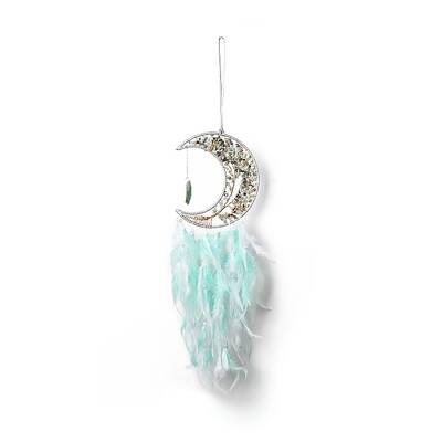 Natural Amazonite Chips Beaded Tree of Life Moon with Feather Pendant Decorations