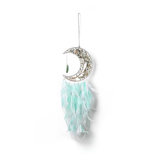 Natural Amazonite Chips Beaded Tree of Life Moon with Feather Pendant Decorations