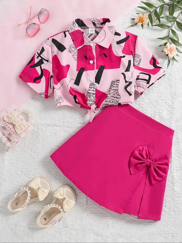 Two-piece Set Girl's Graphic Print Button Shirt & Bow Decor Skort, Elegant Fashion Casual Outfits for Daily Outdoor Wear, Kid...