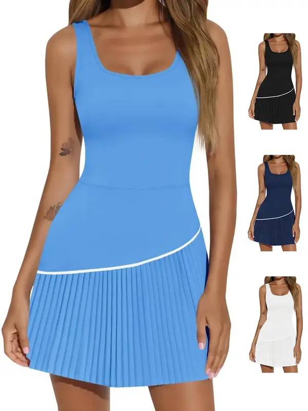 Fisoew Womens Tennis Dress with Built in Shorts and Bra Sleeveless Pleated Golf Athletic Mini Dresses Beach Cover Ups Summer ...