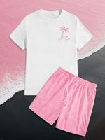 Two-Piece Set Men's Regular Fit Palm Tree Print Tee & Drawstring Waist Shorts Set, Casual Short Sleeve T-shirt & Shorts, Men'...