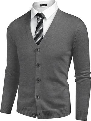 V Neck Lightweight Button Down Knitted Sweater (US Only), Dark Grey / L