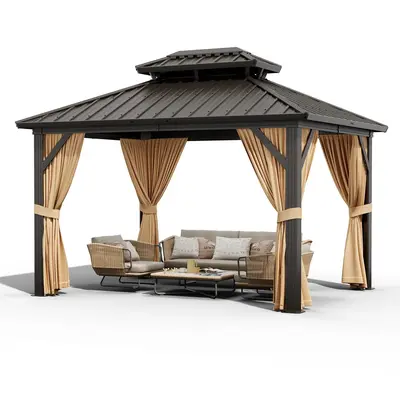 Garvee 10x12ft Hardtop Gazebo Outdoor Aluminum Frame Double Roof Waterproof Metal Roof Netting Curtains Patio Backyard Deck P...