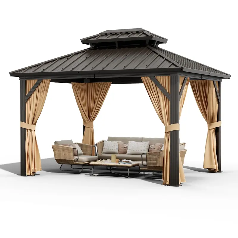 Garvee 10x12ft Hardtop Gazebo Outdoor Aluminum Frame Double Roof Waterproof Metal Roof Netting Curtains Patio Backyard Deck P...