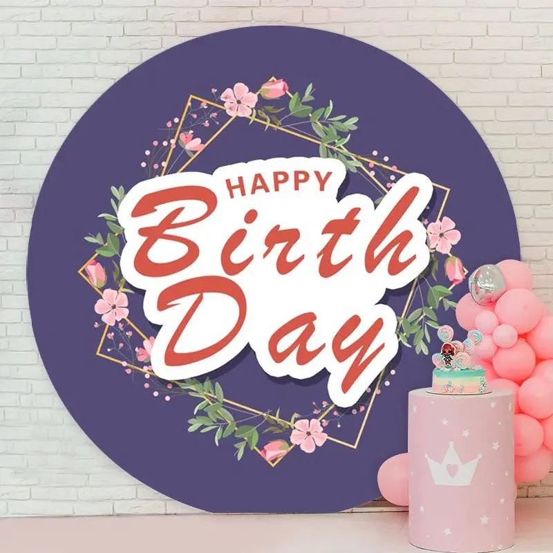 Aperturee Pink Floral Round Purple Happy Birthday Backdrop