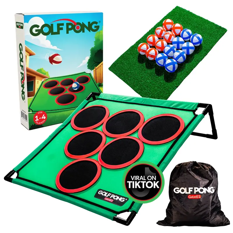 Golf Pong Game Set | Indoor & Outdoor Golf Beer Pong - Includes 16 Velcro Balls, Chipping Mat & Carrying Case | Fun Game for ...