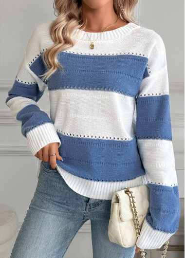 Modlily Blue Tummy Coverage Striped Long Sleeve Round Neck Sweater - L