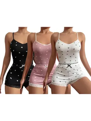 Women's All Over Heart Print Sheer Cami Top & Bow Front Contrast Lace Shorts Pyjama Set, Lounge Set, Cute Comfy Spaghetti Str...