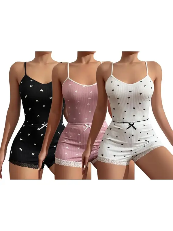Women's All Over Heart Print Sheer Cami Top & Bow Front Contrast Lace Shorts Pyjama Set, Lounge Set, Cute Comfy Spaghetti Str...