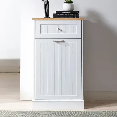 Trash Cabinet Tilt Out Freestanding, Pet Proof Kitchen Trash Cabinet Laundry Hamper with Cutting Board, Wood Garbage Recyclin...