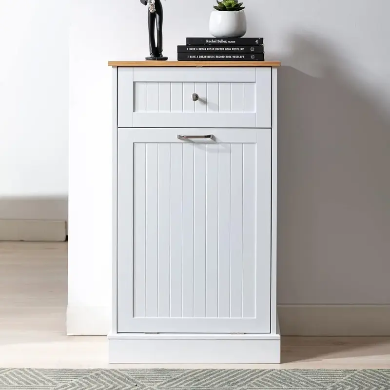 Trash Cabinet Tilt Out Freestanding, Pet Proof Kitchen Trash Cabinet Laundry Hamper with Cutting Board, Wood Garbage Recyclin...