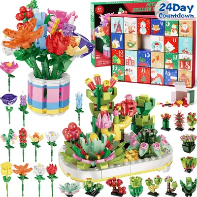 Advent Calendar 2025, 24 Days STEM Surprise Botanical puzzle blocks 12-in-1 Succulent & Flower Calendar Gift Box