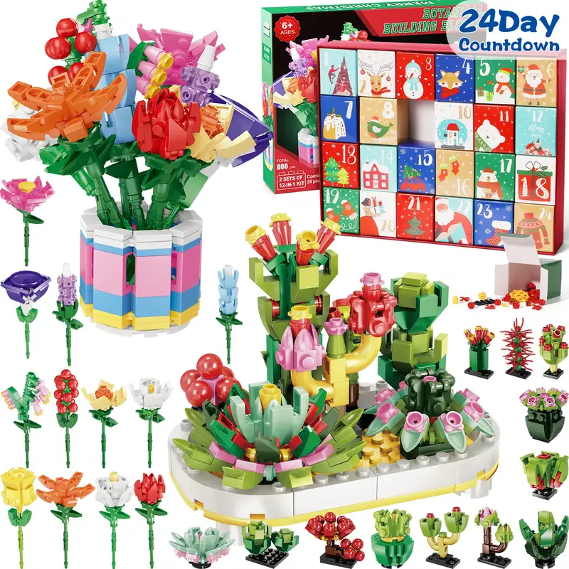 Advent Calendar 2025, 24 Days STEM Surprise Botanical puzzle blocks 12-in-1 Succulent & Flower Calendar Gift Box