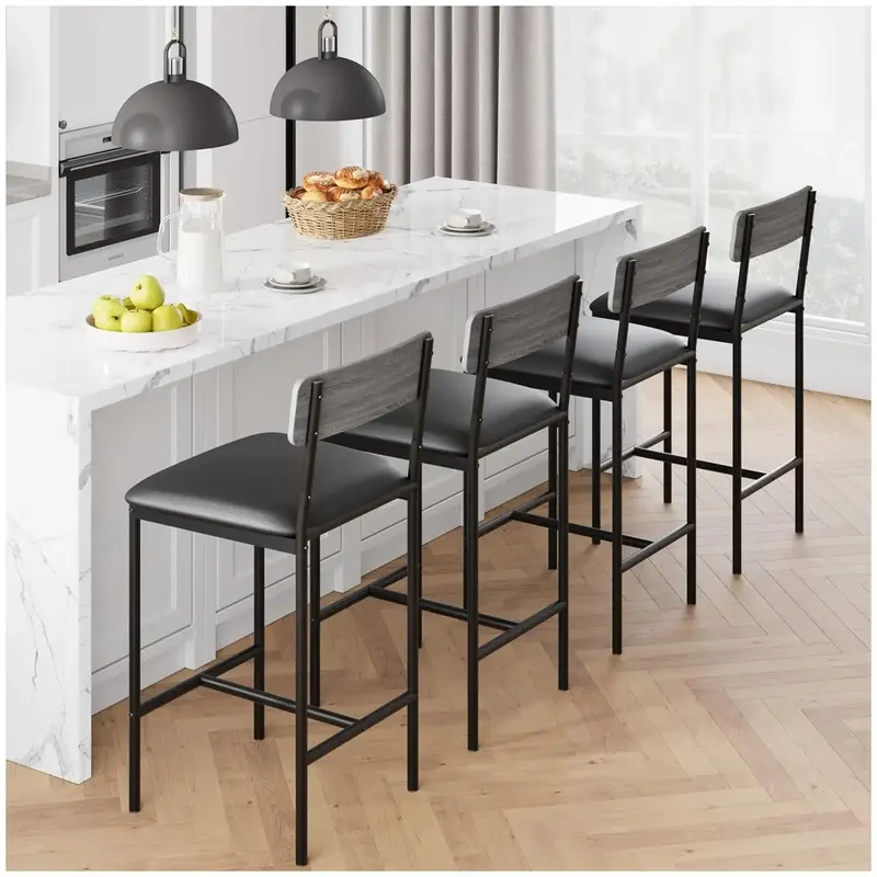 【Garvee】GARVEE Set of 4 Industrial Bar Stools - 25.5 Upholstered Kitchen Counter Stools with Footrest & Back Support  E...
