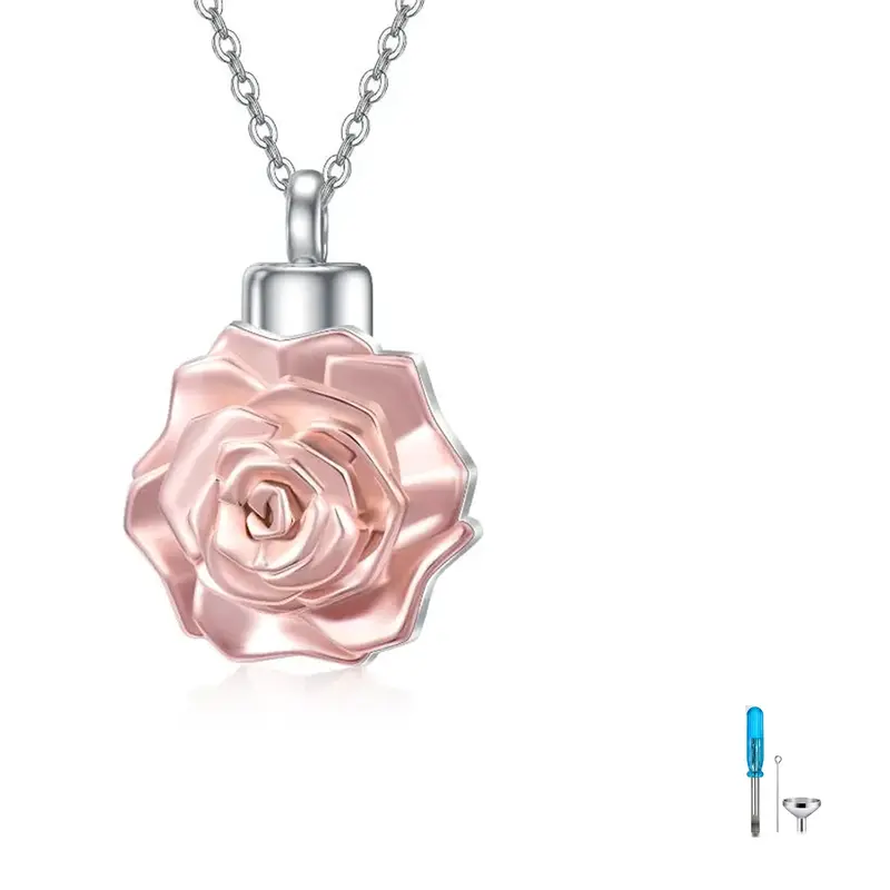 Sterling Silver Two-tone 3D Rose Flower Urn Necklace for Ashes