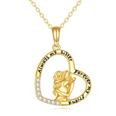 14K Gold Cubic Zirconia Sisters & Heart Pendant Necklace with Engraved Word