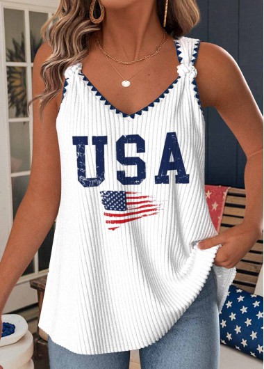 Modlily White American Flag Print Strappy V Neck Tank Top - M