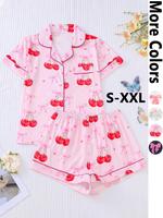 Two-piece Set Women's All Over Floral / Bow / Cherry Print Top & Elastic Waist Shorts Pyjama, Casual Comfy Short Sleeve Top &...