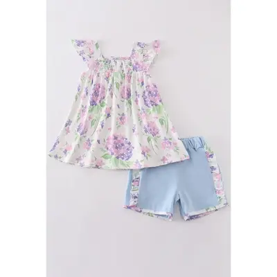Purple hydragena print smocked girl set