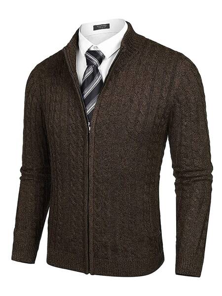 Cardigan Knitted Zip Up Sweater with Pockets (US Only), Brown / L