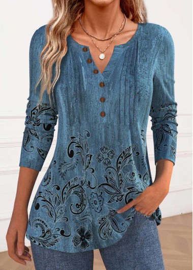 Modlily Blue Button Floral Print Long Sleeve T Shirt - L