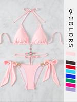 Women's Halter Tie Back Triangle Bra & Ring Linked Panty Bikini Set, Sexy Trendy Summer Swimsuit Set, Ladies Swimwear Rave Ou...