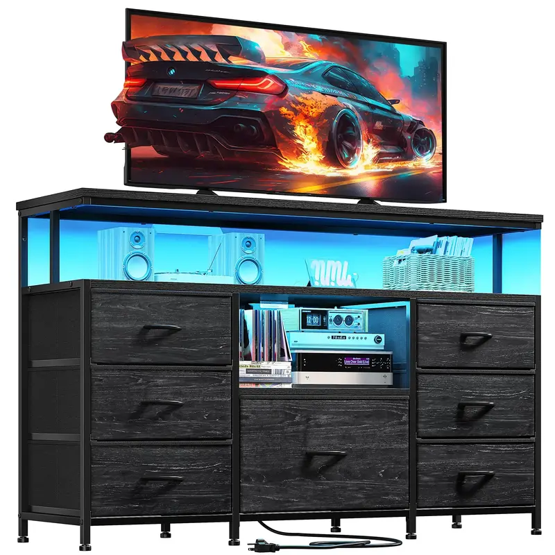 RaybeeFurniture 7 Fabric Drawers Dresser TV Stand,   with LED Lights & power outlets for 55\