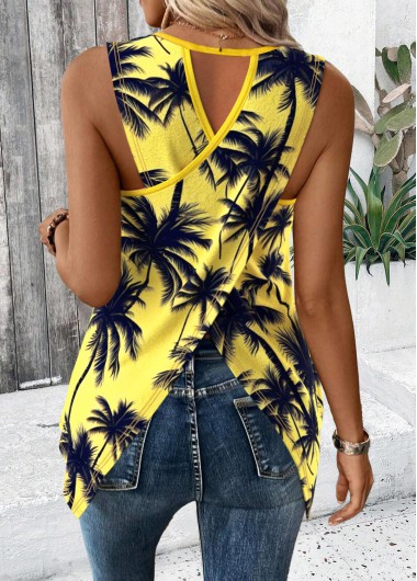 Modlily Neon Yellow Tropical Plants Print Sleeveless Tank Top - S