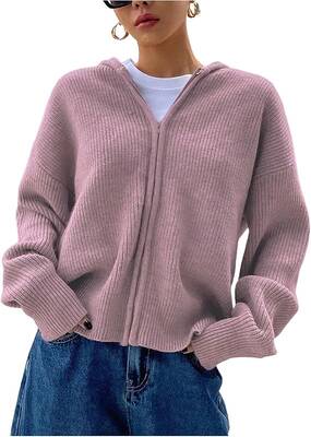 Women's Zip Up Hooded Cardigan Sweater Knitted Drop Shoulder Fall Hoodies Outerwear