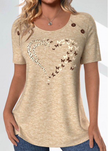 Modlily Light Camel Button Butterfly Print Short Sleeve T Shirt - XXL